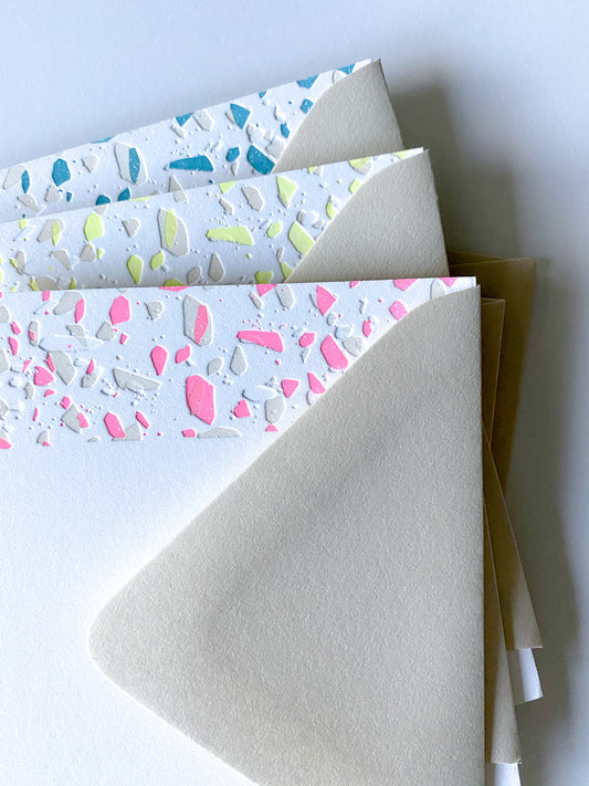 neon terrazzo print letterpress notecard with matching envelope